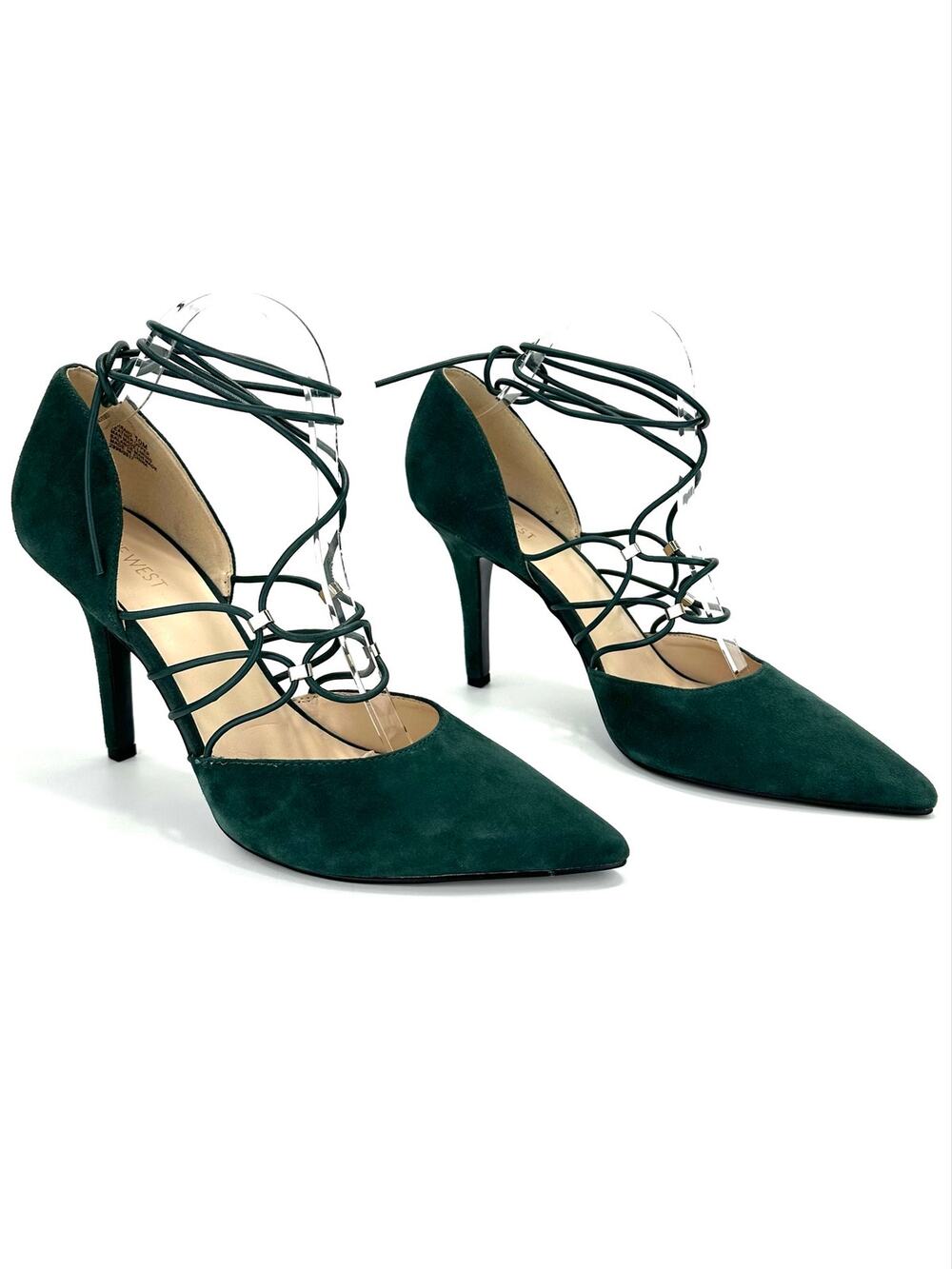 Nine West Jarraho D'Orsay Stiletto Pump Sz 10 Green Suede Adjustable Ankle-Wrap